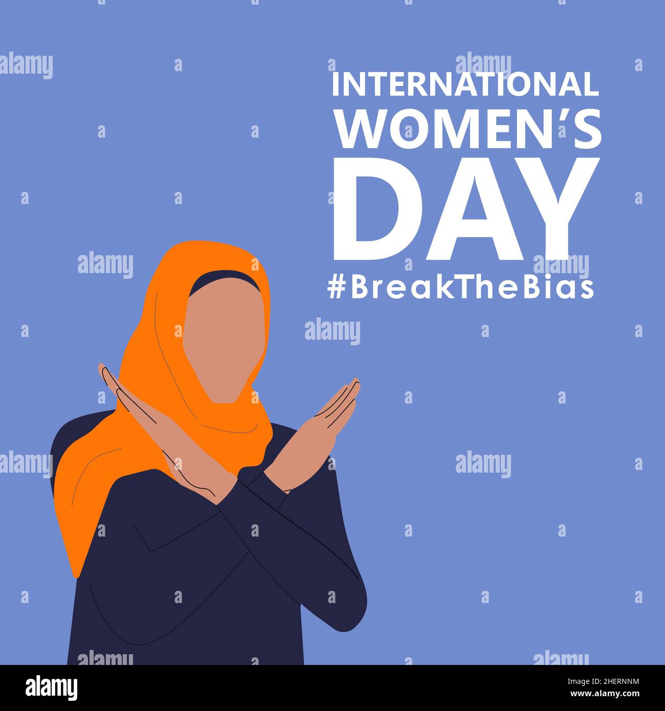 International women's day. 8th march. Poster with beautiful muslim woman with cross arms. Hashtag BreakTheBias campaign. Vector illustration in flat Stock Vector
