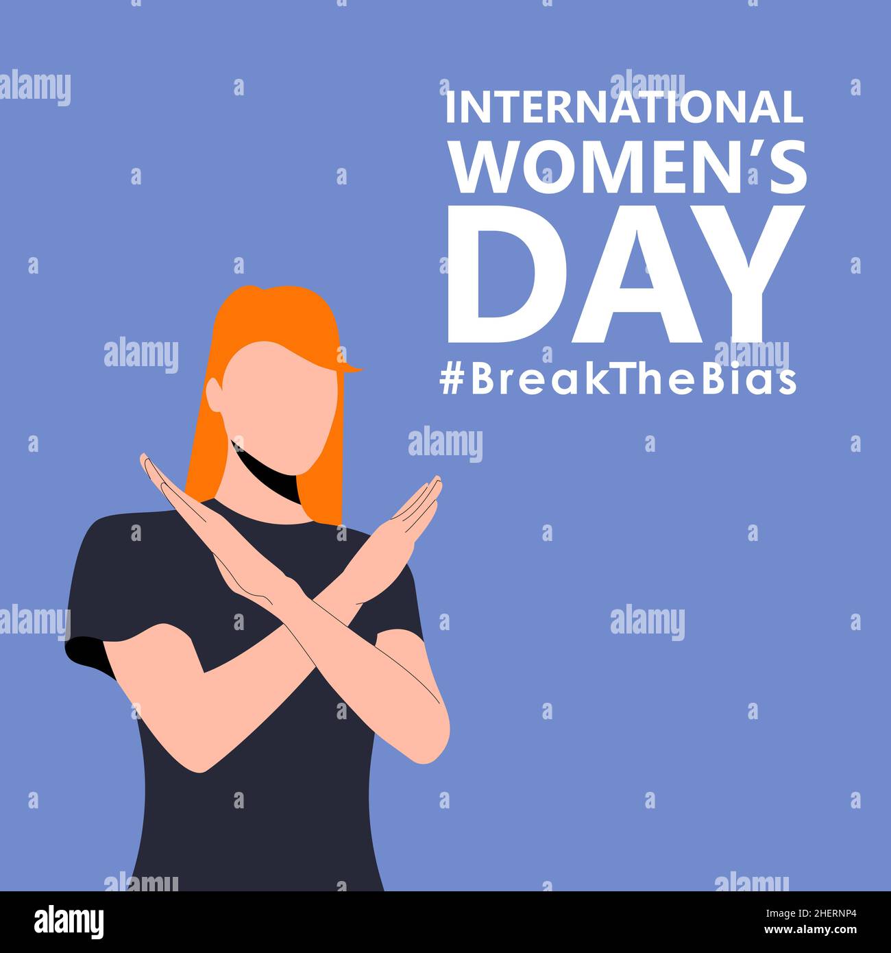 International women's day. 8th march. Poster with beautiful woman with cross arms. Hashtag