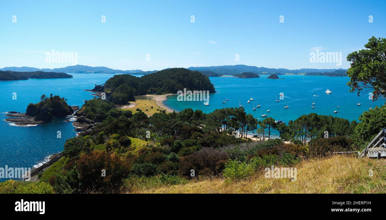 Boats anchored in the Bay of Islands, Far North District, Northland ...