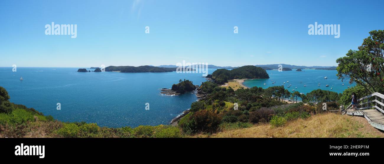 Boats anchored in the Bay of Islands, Far North District, Northland ...