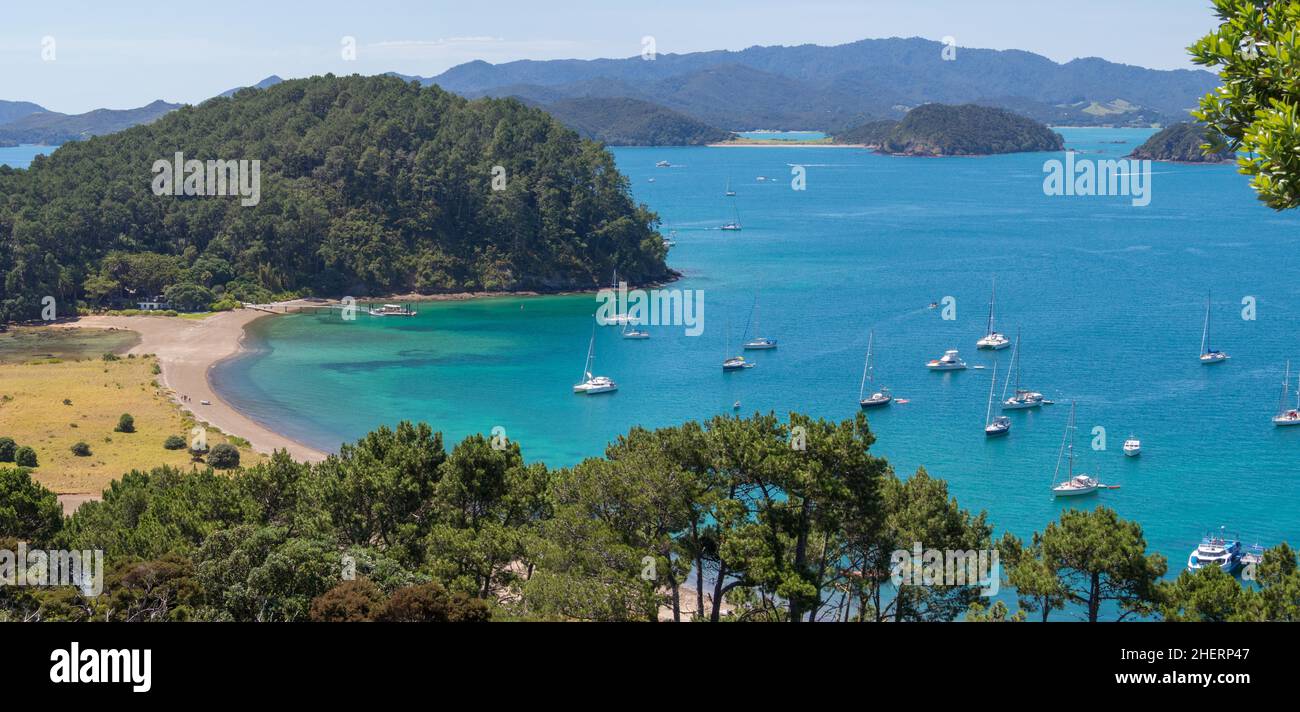 Boats anchored in the Bay of Islands, Far North District, Northland ...
