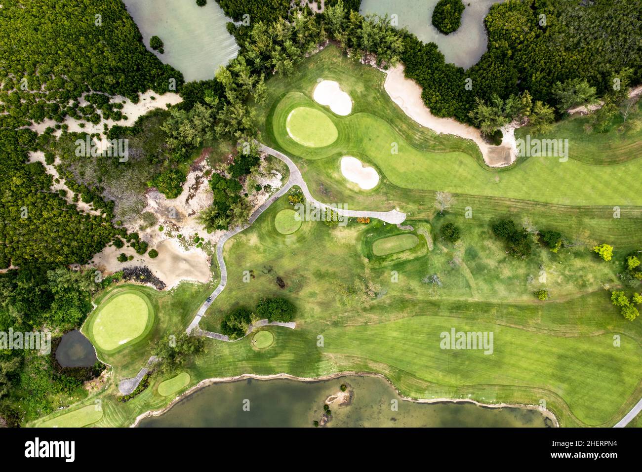 Aerial view, bay near Grand Port, il aux Cerfs with golf course, Flacq ...