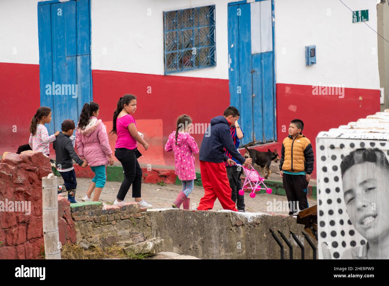 Children on the street in the once notorious gang Barrio Egipto neighborhood, Bogota, Colombia, South America Stock Photo