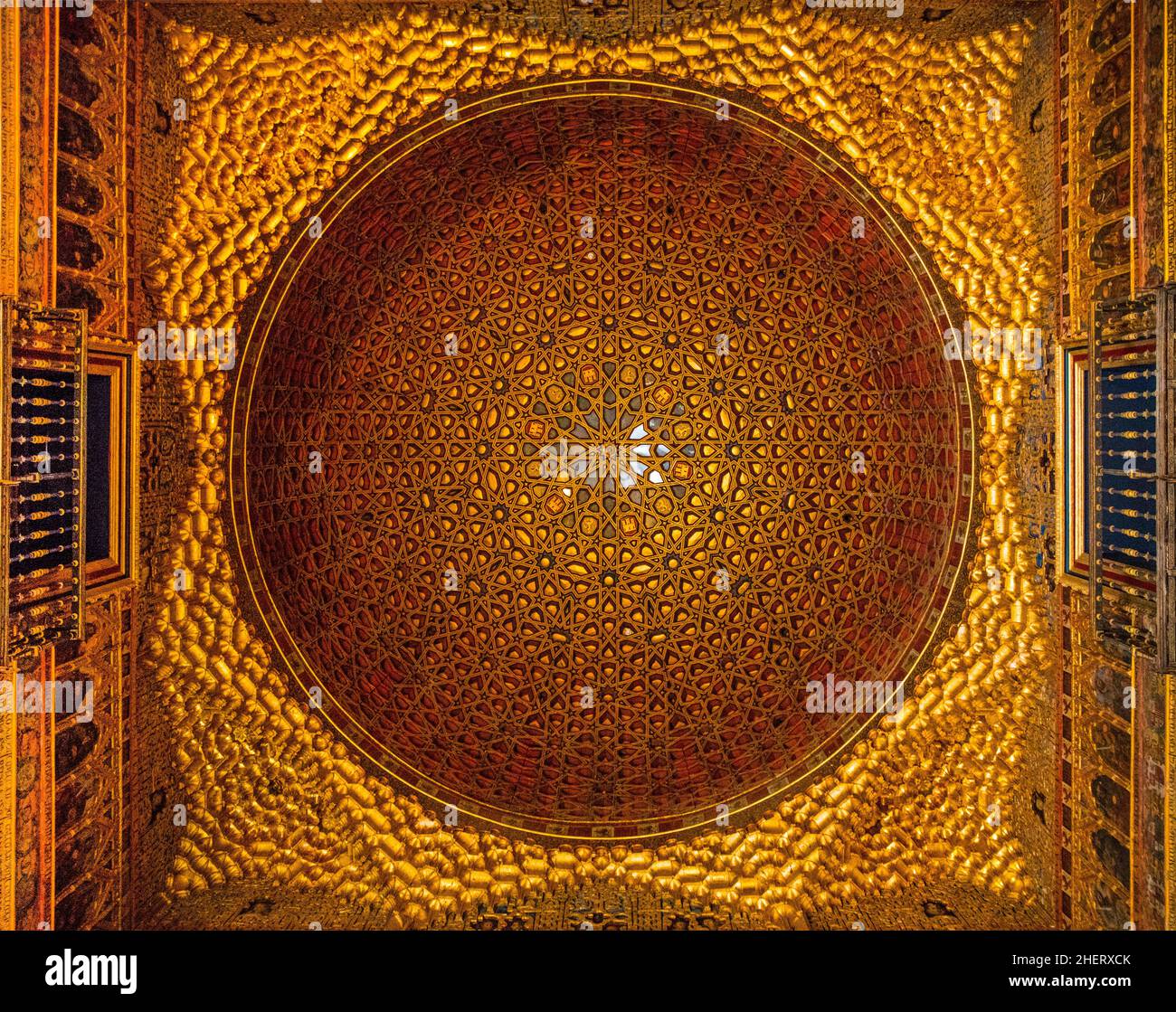Cedar stalactite dome in the Salon de los Embajadores, Hall of Envoys, Alcazar, Seville, Seville, Andalusia, Spain Stock Photo