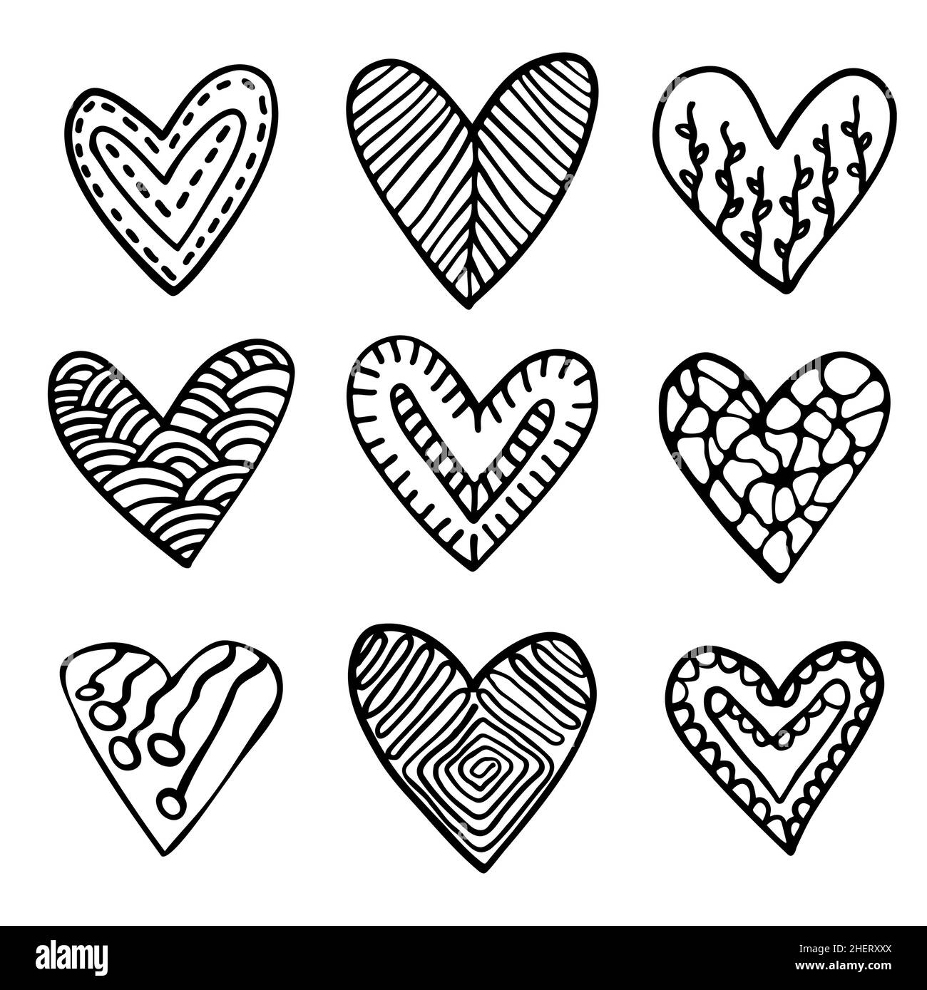 Set of doodle hearts with pattern inside ink hand drawn sketch vector ...