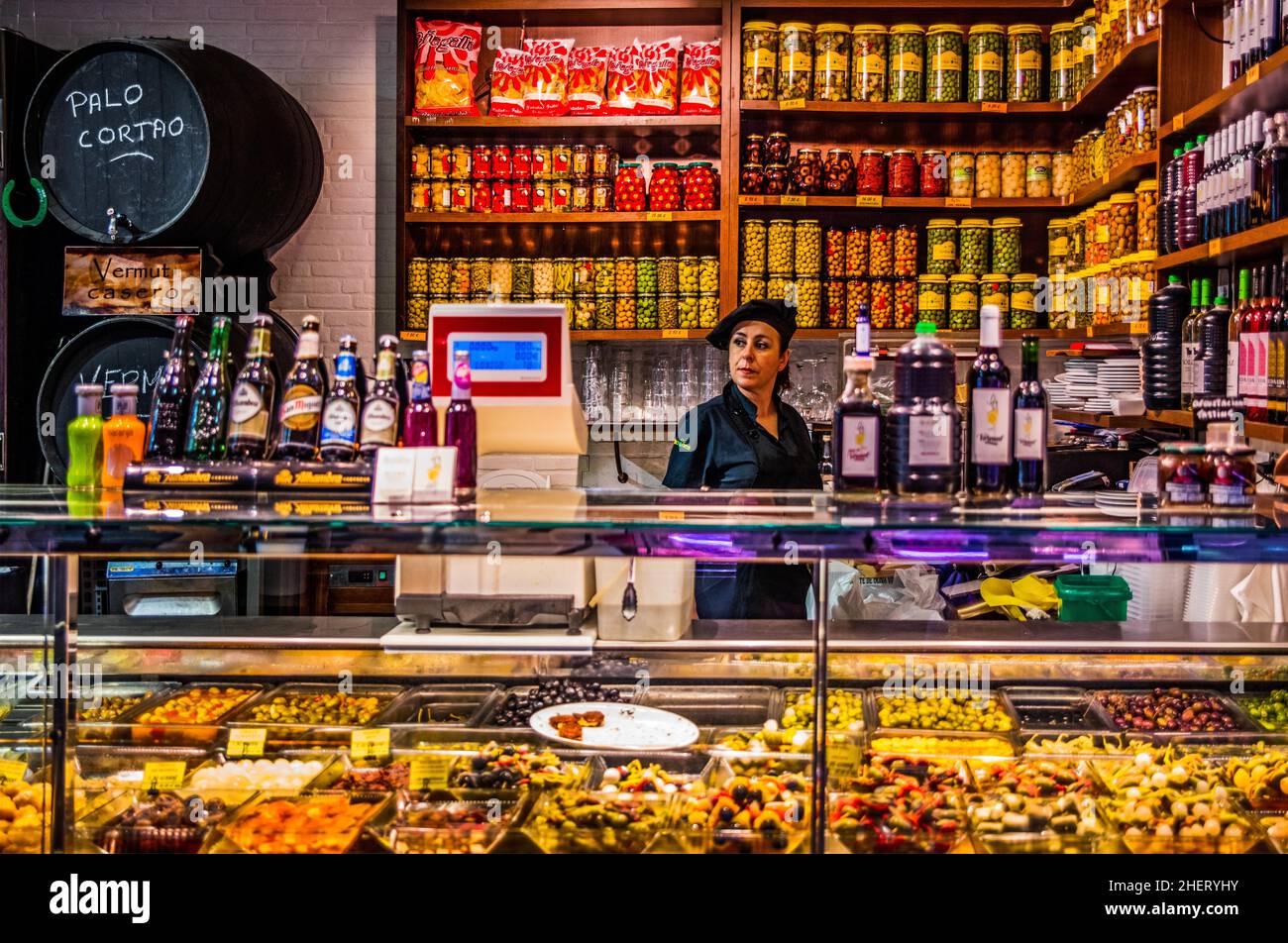 Shop with tapas, Mercado San Agustin in Granada, Andalusia, Spain Stock Photo
