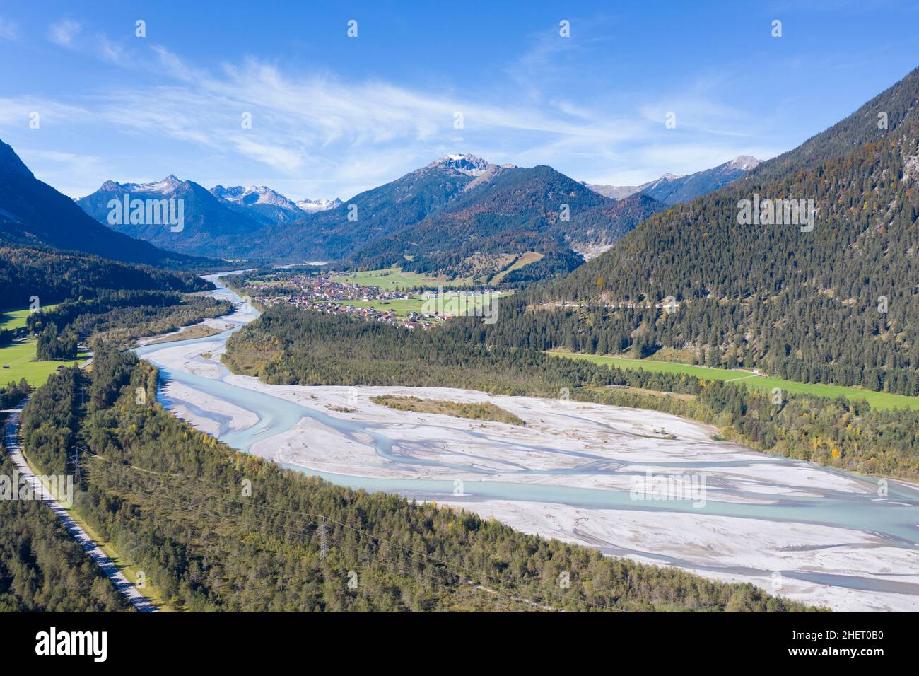 fall autumn nature panorama at lechtal river in austria tirol mountains Stock Photo