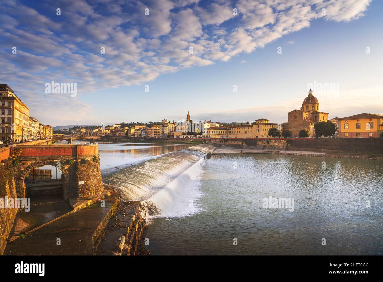 Florence or Firenze city, view of Arno river and San Frediano in Cestello church. Tuscany region, Italy, Europe Stock Photo