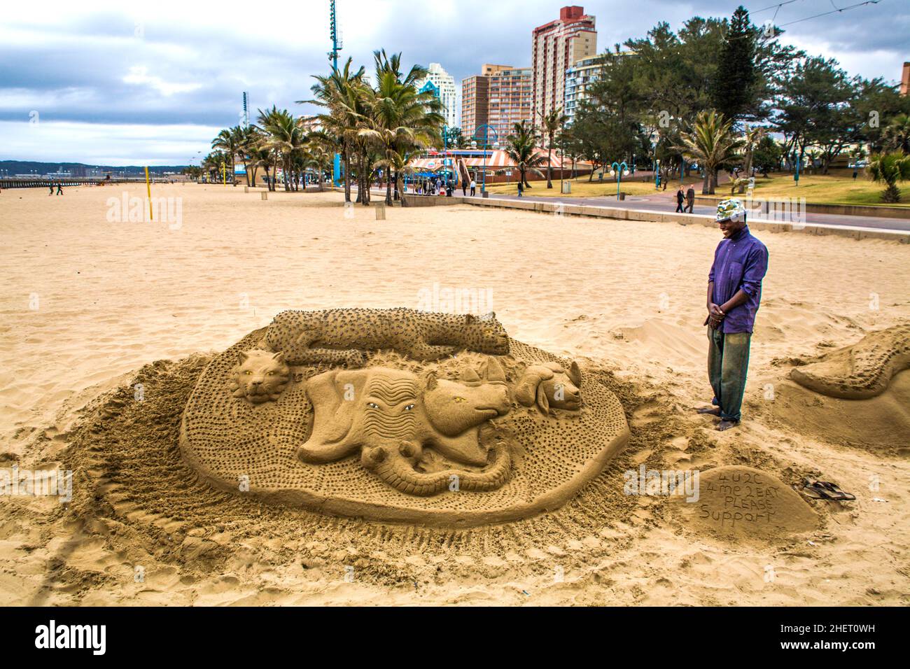 Wild animals made of sand at the Durban Stand, South Africa, Durban Stock Photo