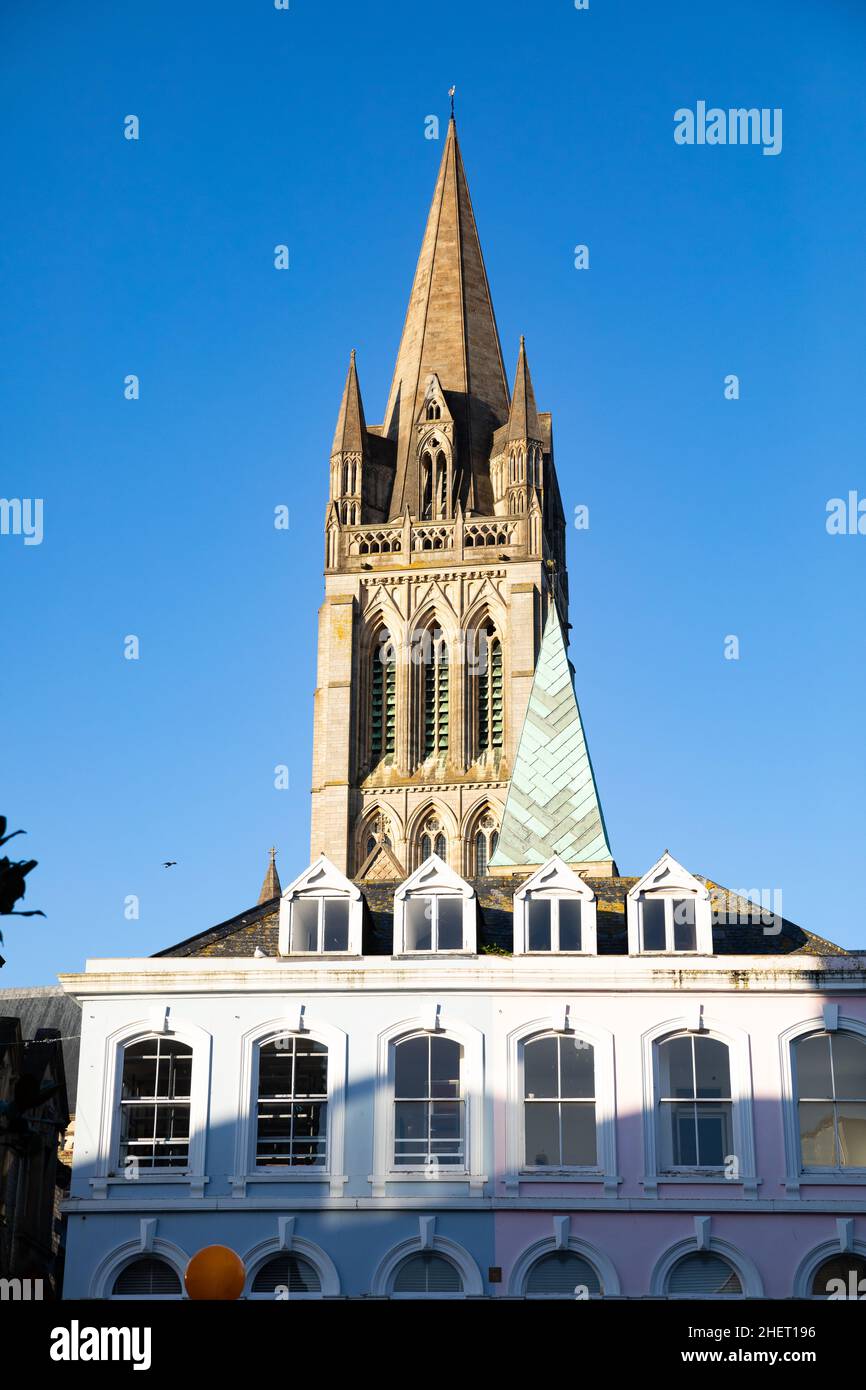 Truro, UK,12th January 2022,Lemon Quay was quiet this afternoon despite the glorious sunshine in Truro, Cornwall. The Cathedral looked stunning under blue skies. The forecast is for 6C and sunshine for the remainder of the week.Credit: Keith Larby/Alamy Live News Stock Photo