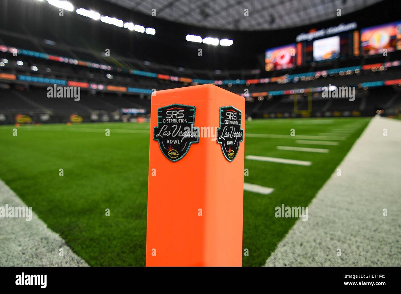 Detailed view of the SRS Distribution Las Vegas Bowl logo during the
