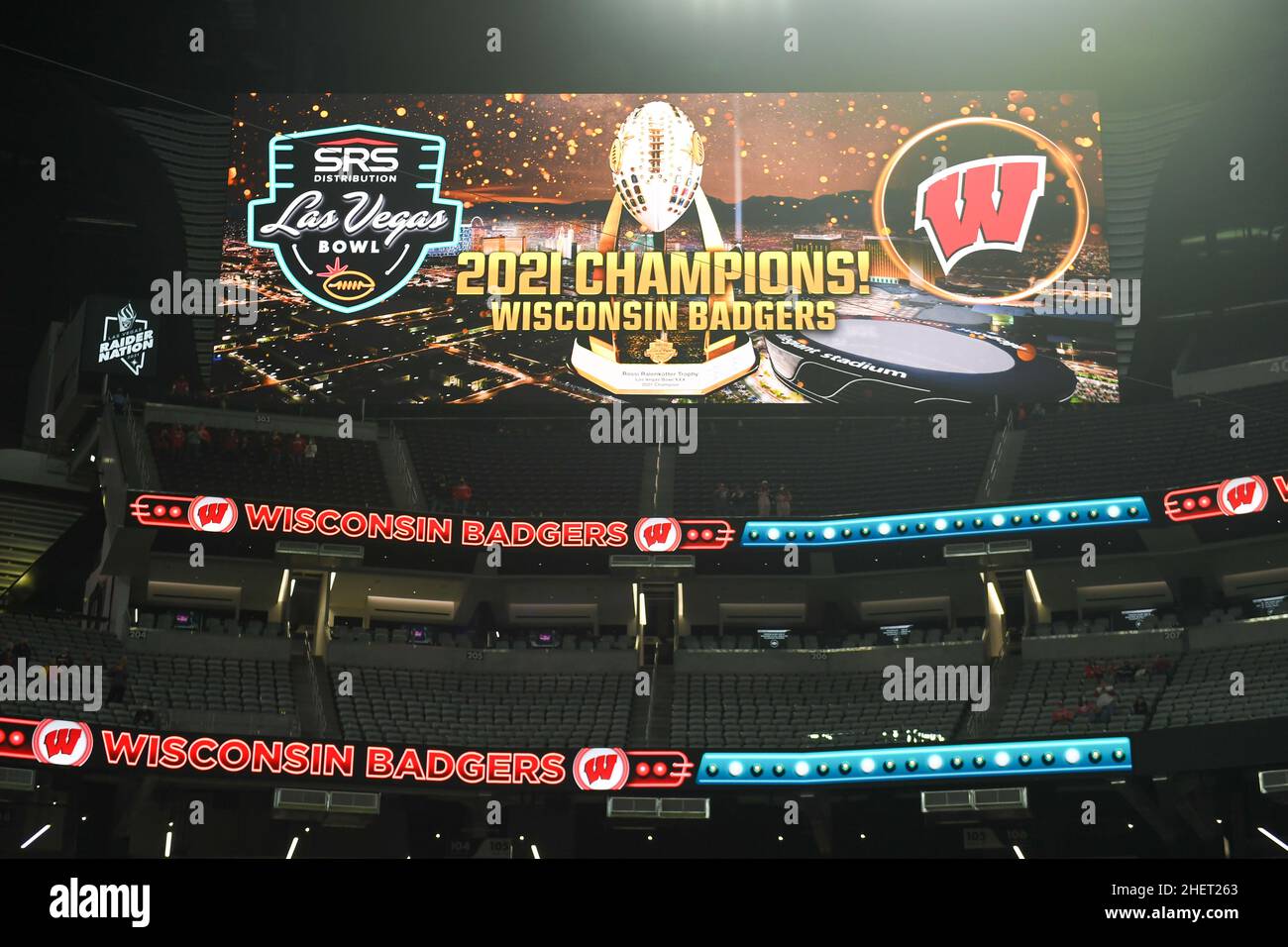 Signage is illuminated celebrating the Wisconsin Badgers winning the Las Vegas Bowl game against the Arizona State Sun Devils, Thursday, Dec. 30, 2021 Stock Photo