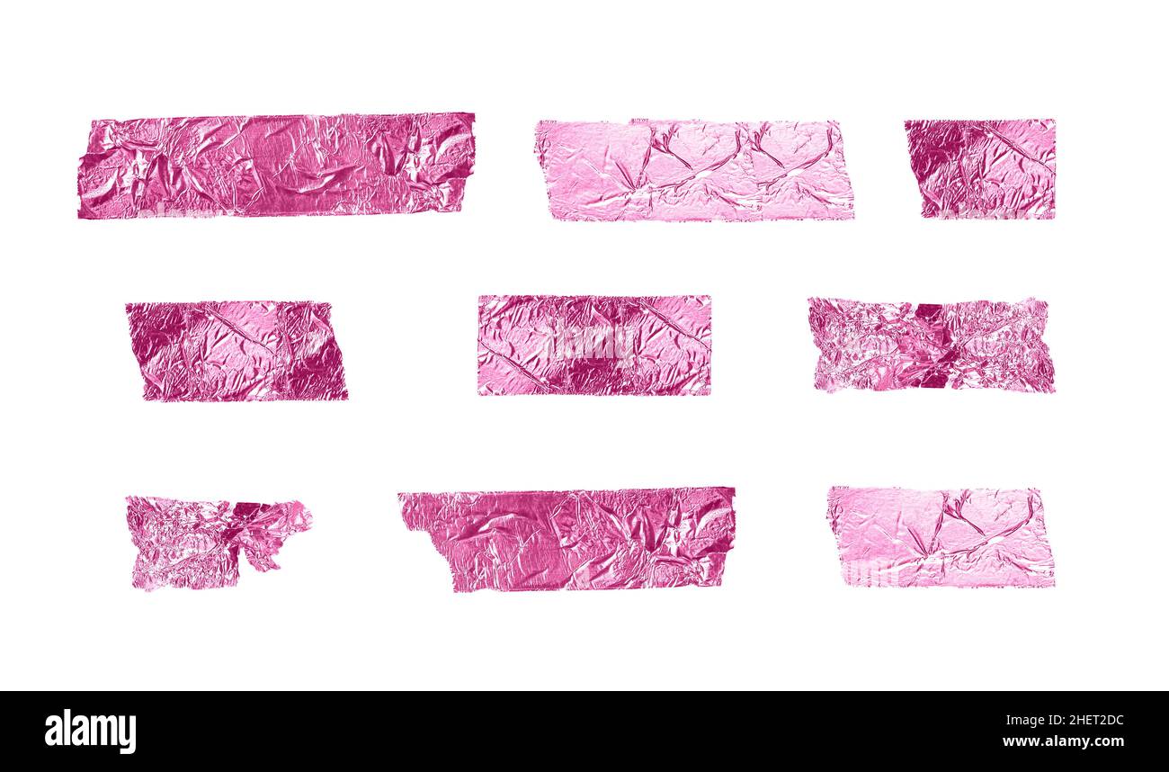 Adhesive tapes set. Adhesive torn, ripped, crumpled pink red paper strips isolated on white background. Stock Photo