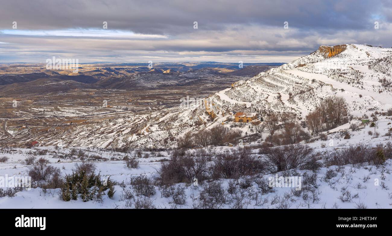 Panoramic View of Winter Landscape in Teruel, Aragon, Spain Stock Photo