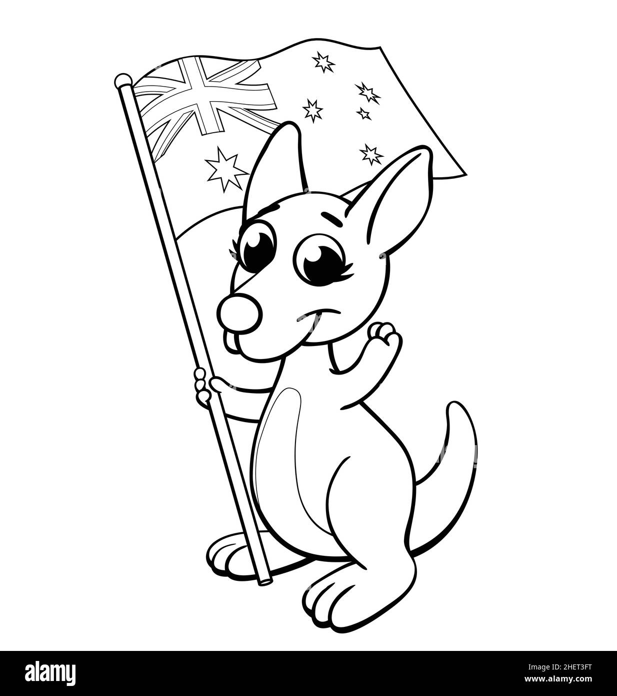 happy kangaroo joey cartoon character with australian flag black lineart for kids coloring book vector isolated on white background Stock Vector