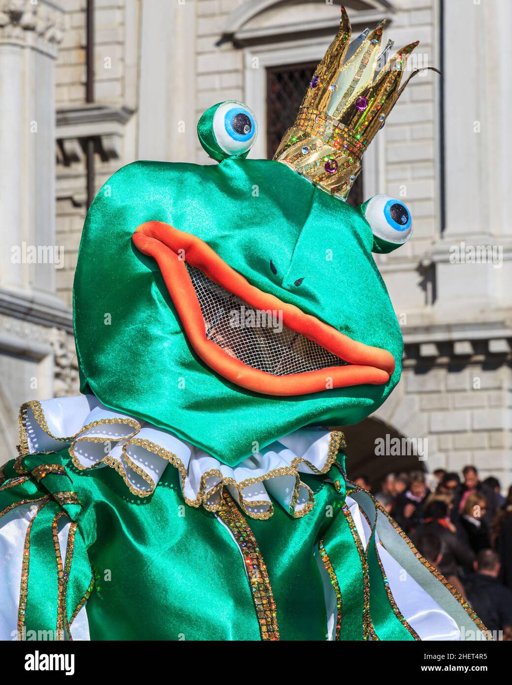 The Frog Prince costume, closeup of participant in fancy dress at Venice Carnival, Carnevale di Venezia, Italy Stock Photo