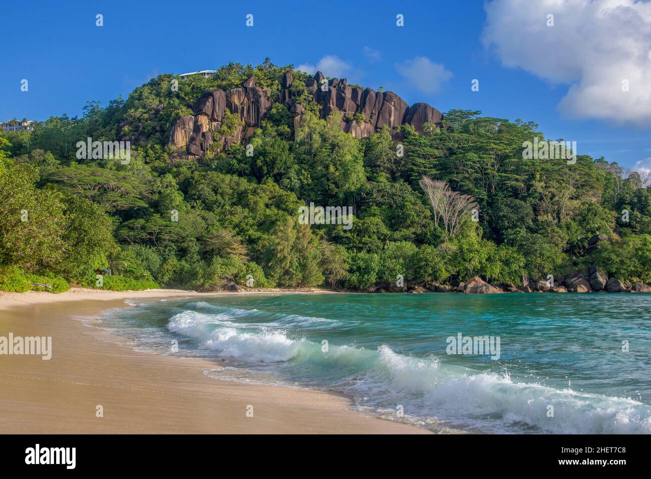 Deserted pristine beach Anse Louis West Coast Mahe Seychelles 1 Stock Photo