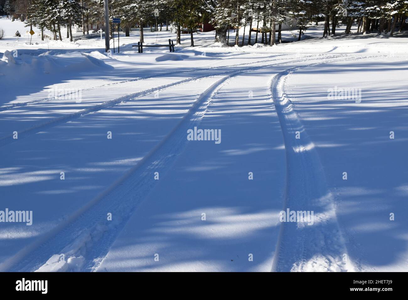 Tire tracks in the snow, Sainte-Apolline, Québec, Canada Stock Photo