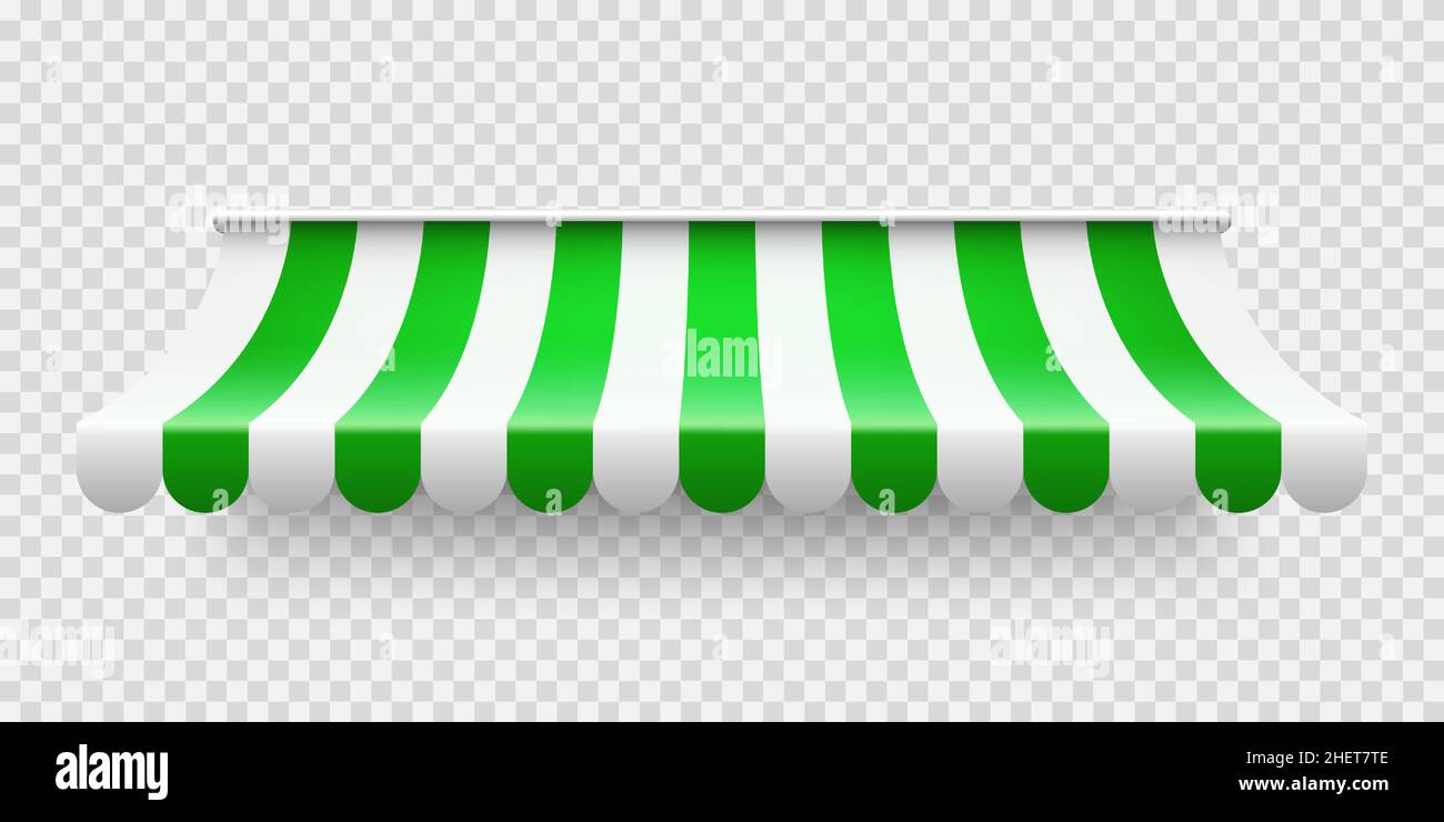 Green shop sunshade on transparent background. Realistic striped cafe ...