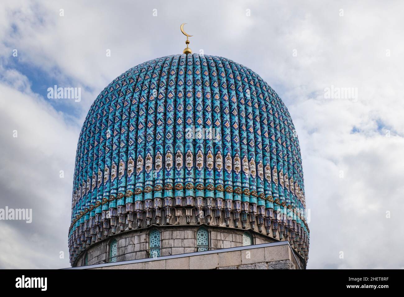 Dome of St. Petersburg Cathedral Mosque with crescent moon,decorated with blue majolica. Stock Photo
