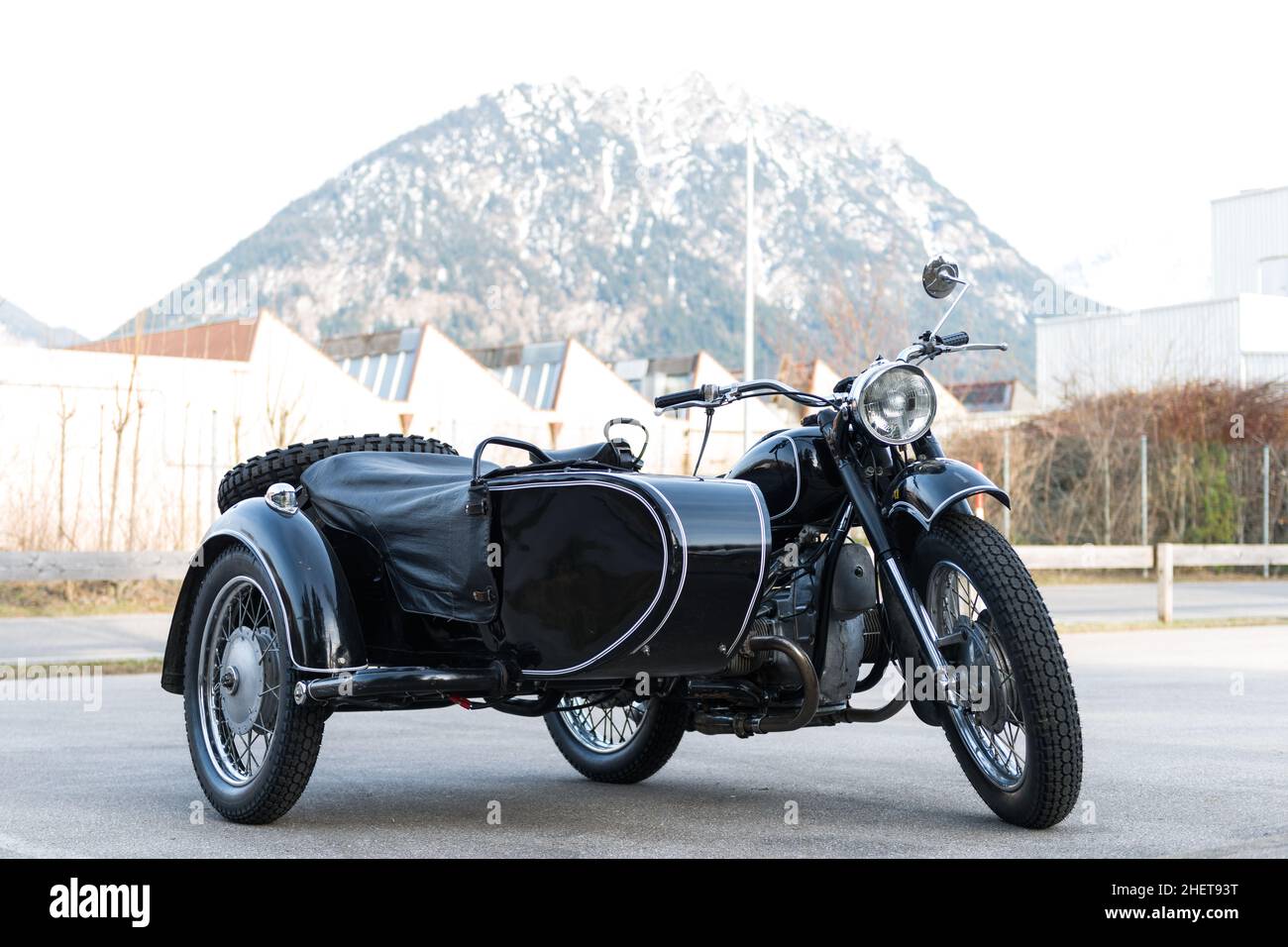 old black oldtimer motorcycle with trailer side car Stock Photo