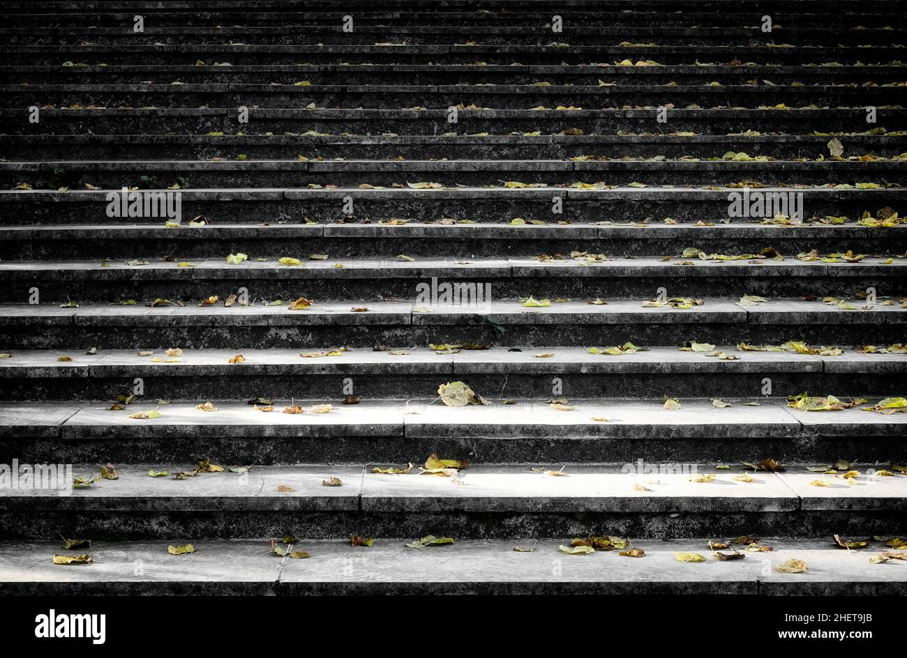 Abstract background texture of yellow leaves autumn leaves on stairs. Yellow and orange autumn leaves. Colorful leaves on concrete stairs. Stock Photo