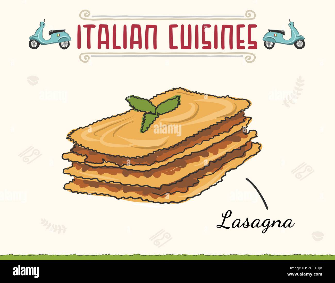 Italian Lasagna Dish Served and Basil On Top. Colored doodled style Italian cuisine, Lasagna dish. Minimal colored isolated vector illustration. Stock Vector