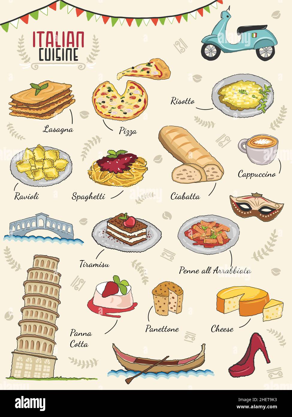 Italian cuisine set with Pizza, Lasagna, Spaghetti, Risotto, Arrabbiata