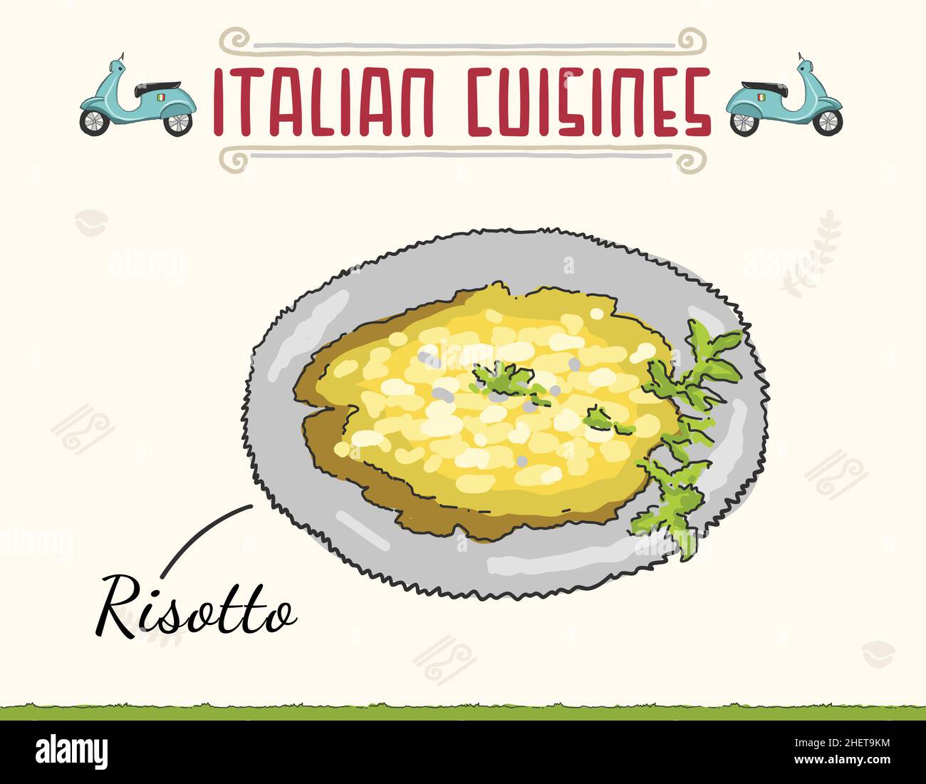 Risotto isolated on a white background. Sketch Italian dishes. Vector illustration in sketch doodled style. Minimal colored isolated vector illustrati Stock Vector