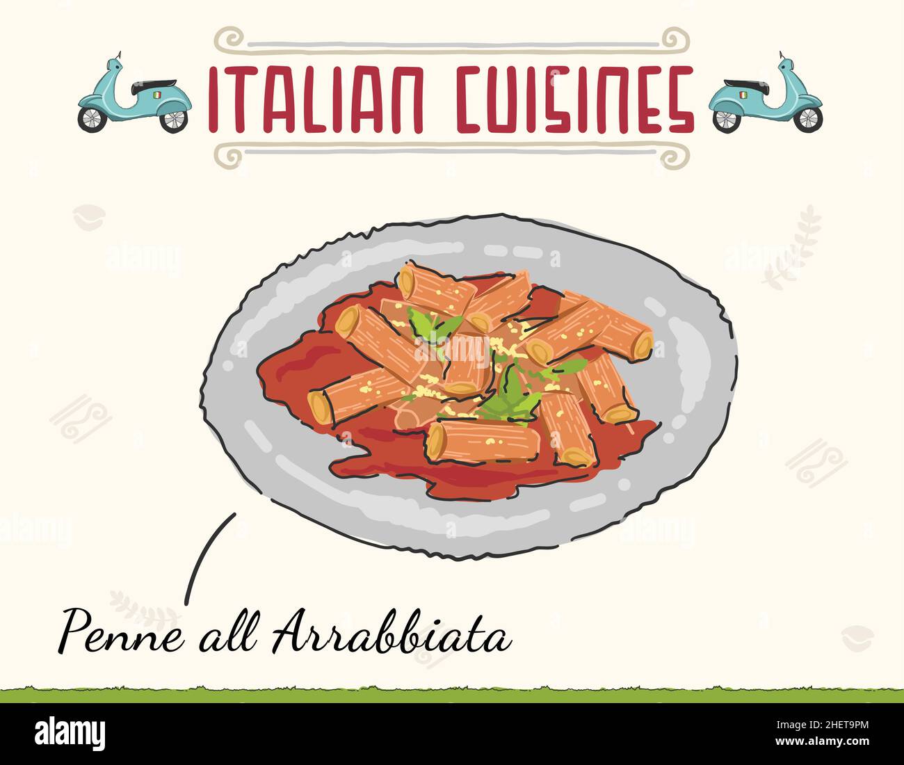 Penne All arrabbiata Italian pasta with spicy tomato sauce. Minimal colored isolated vector illustration. Stock Vector