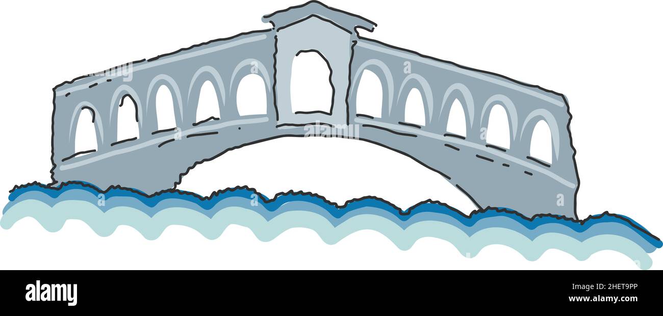 Rialto bridge doodled style illustration. Simple illustration of rialto bridge vector Venice, Italy. Rialto Bridge, architectural monument of Italy. Stock Vector