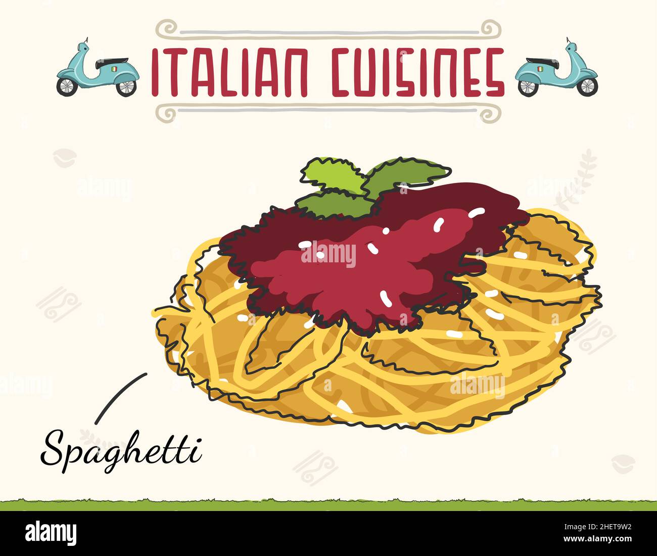Doodle of spaghetti with tomato sauce. Classic pasta dish, isolated vector illustration. Spaghetti Bolognese isolated on white vector illustration. Mi Stock Vector