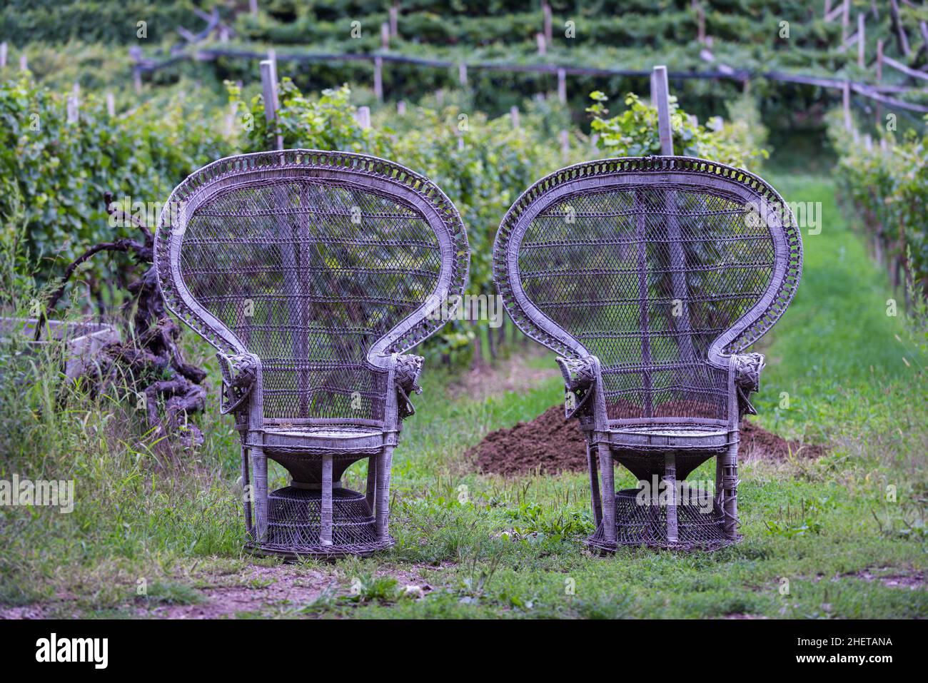 two old braided wooden chairs standing outdoor Stock Photo - Alamy