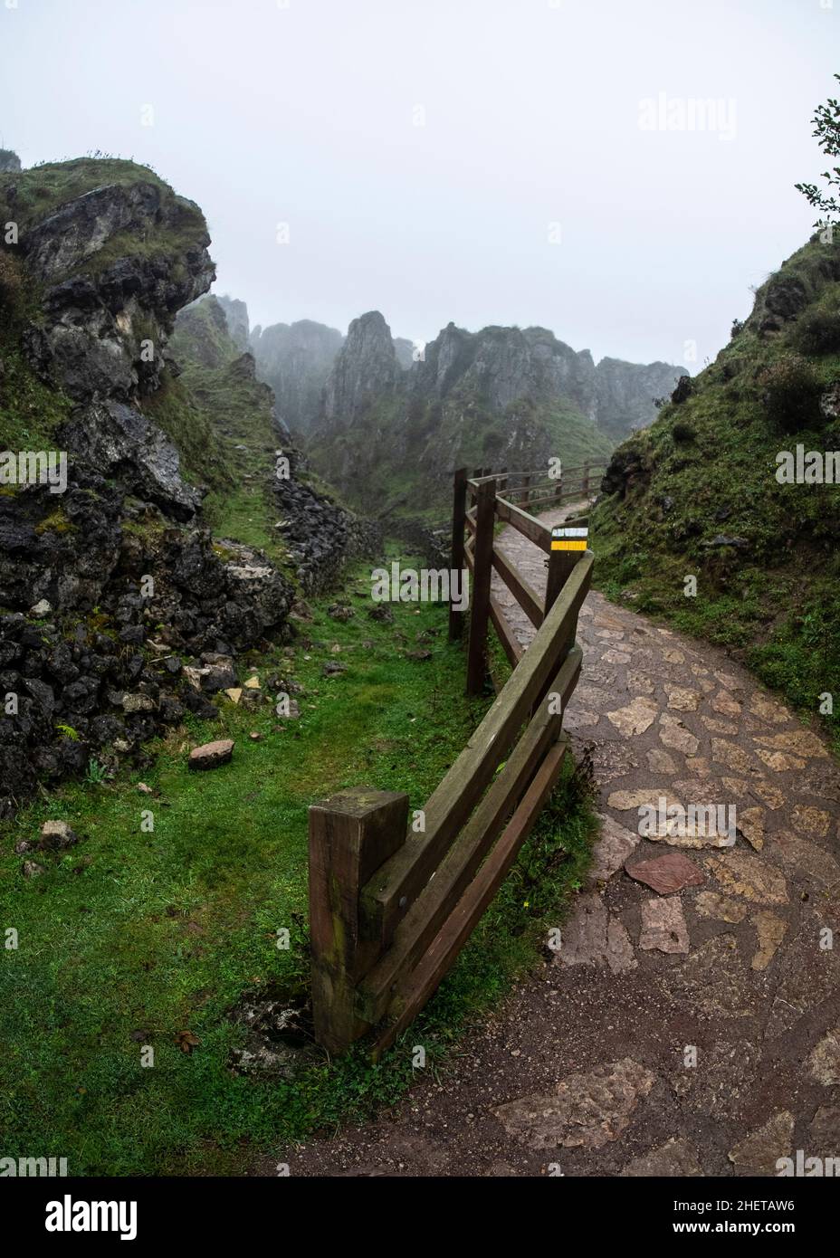 A stone path in the lakes of Covadonga in the Picos de Europa National Park of Asturias Stock Photo
