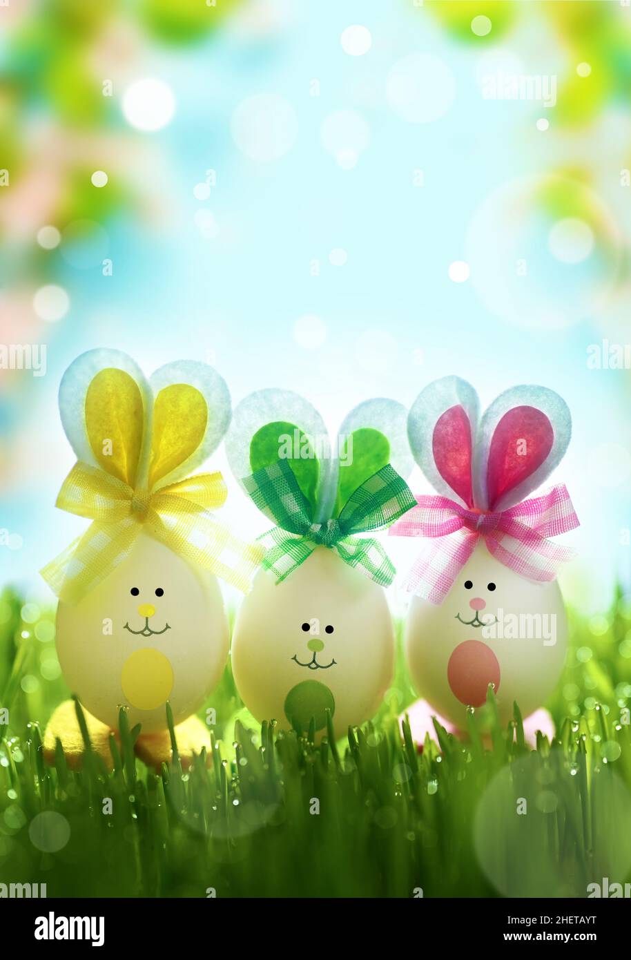 Funny easter eggs in the grass on blooming background. Happy Easter background. Easter compositions with cute rabbits eggs. Easter concept. Stock Photo