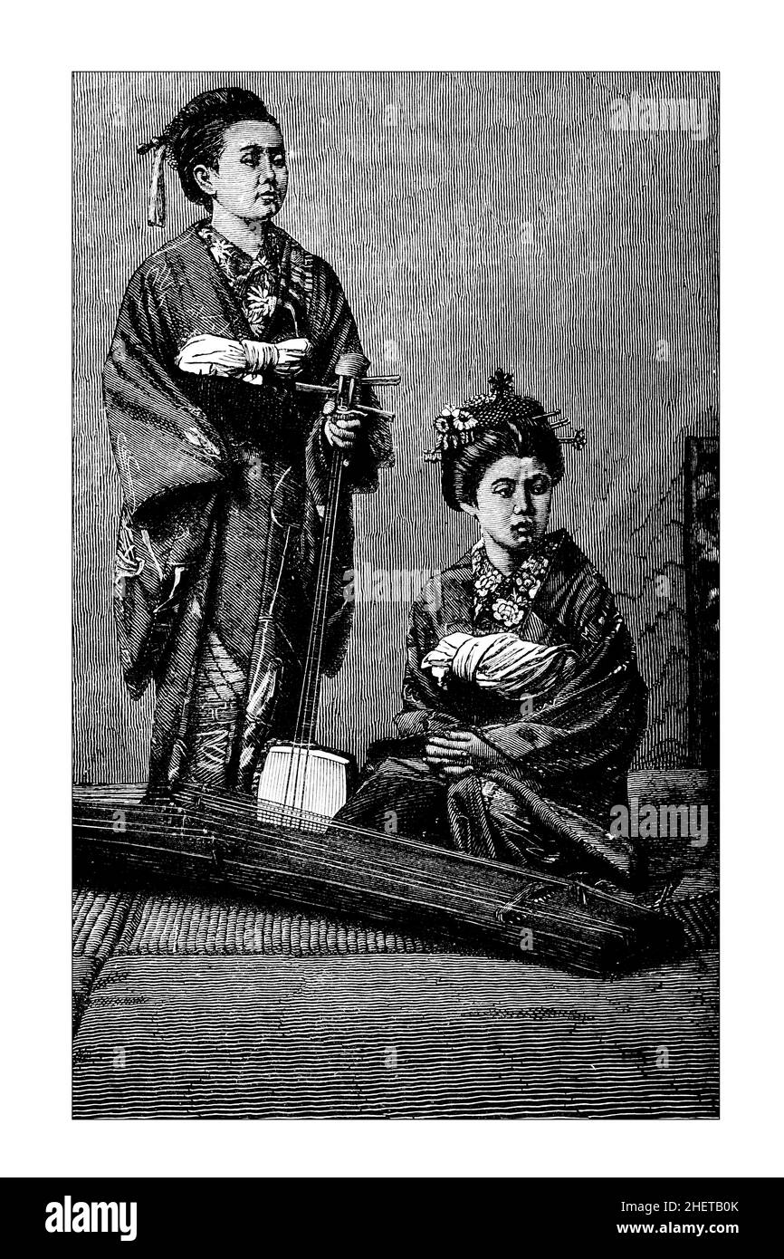 Japanese girls, line illlustration from Central Africa, Japan and Fiji published in 1882 by Hodder & Stoughton, London Stock Photo