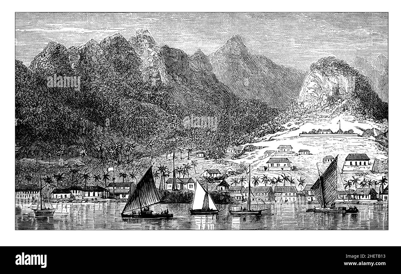 View of Levuka (Ovalau, Fiji) from the anchorage, line illlustration from Central Africa, Japan and Fiji published in 1882 by Hodder & Stoughton, Lond Stock Photo