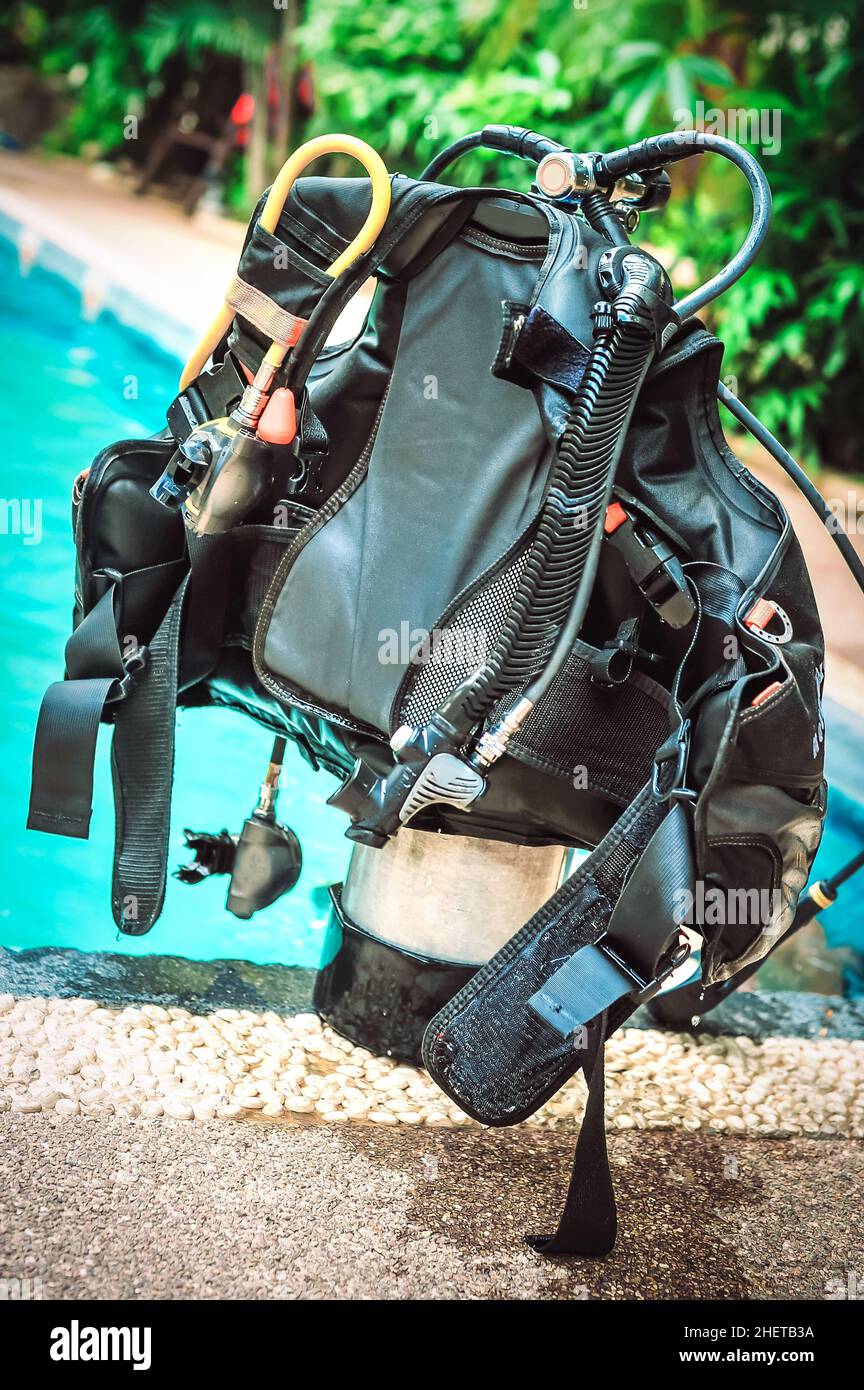 Equipment for diving is on the edge of the pool, ready for a lesson Stock Photo