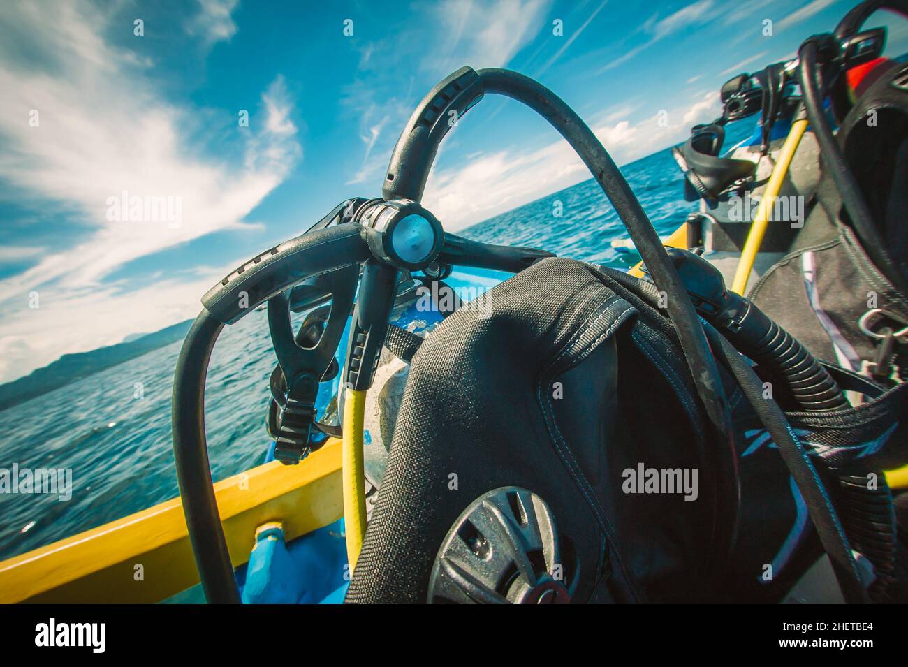 Scuba diving kit set on the boat, ready for dive. Diving equipment Stock Photo