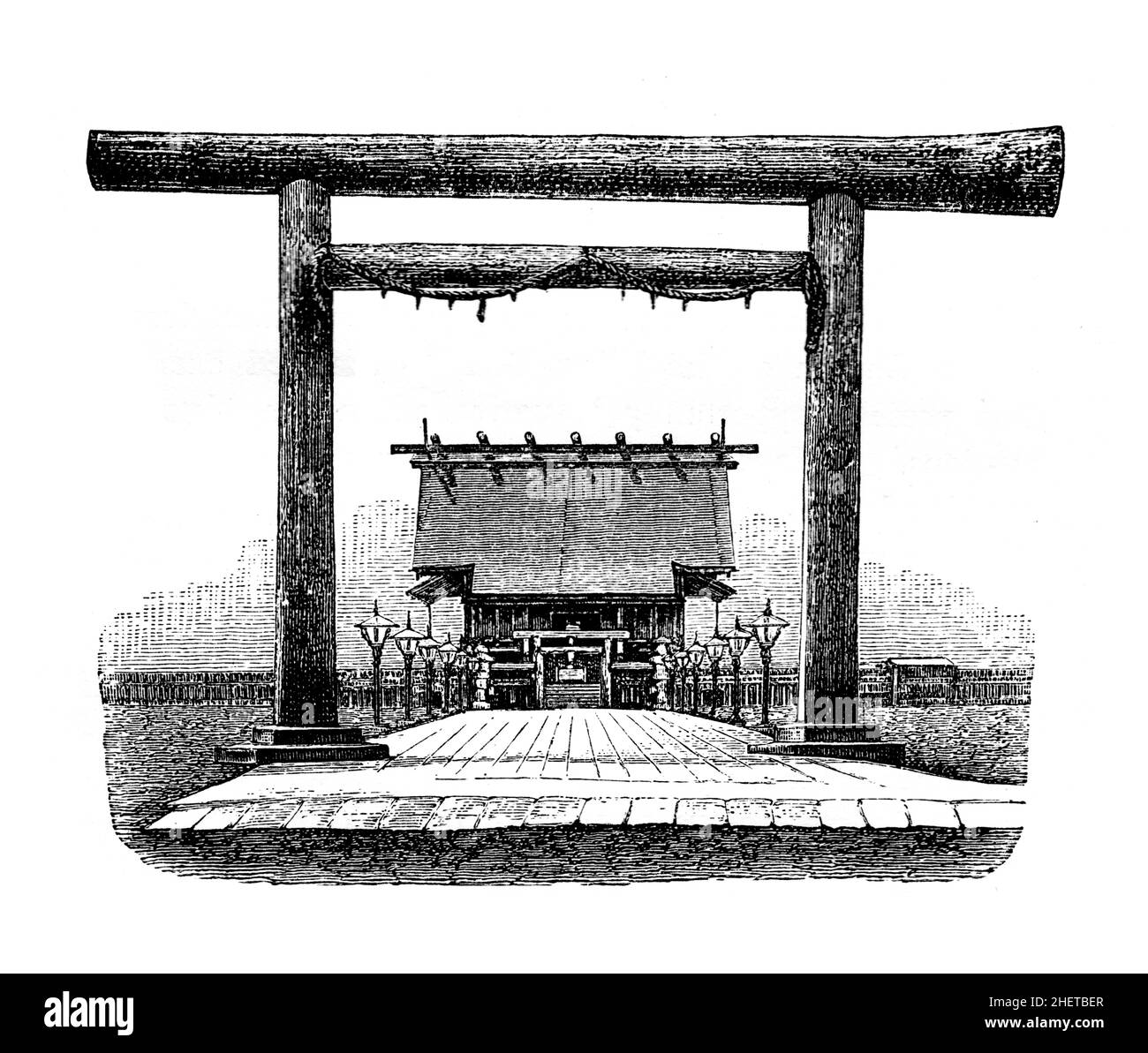 Shinto Temple (Ise Grand Shrine) Shokonsha, Kudan, Tokio, line illlustration from Central Africa, Japan and Fiji published in 1882 by Hodder & Stought Stock Photo