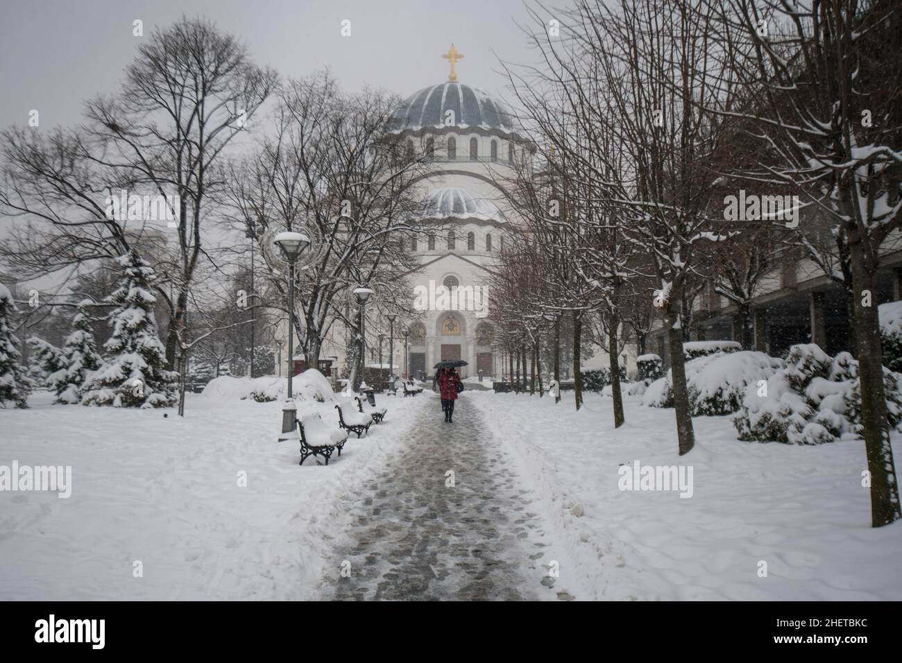 Winter in Serbia Snow around the Temple of Saint Sava, Belgrade Stock
