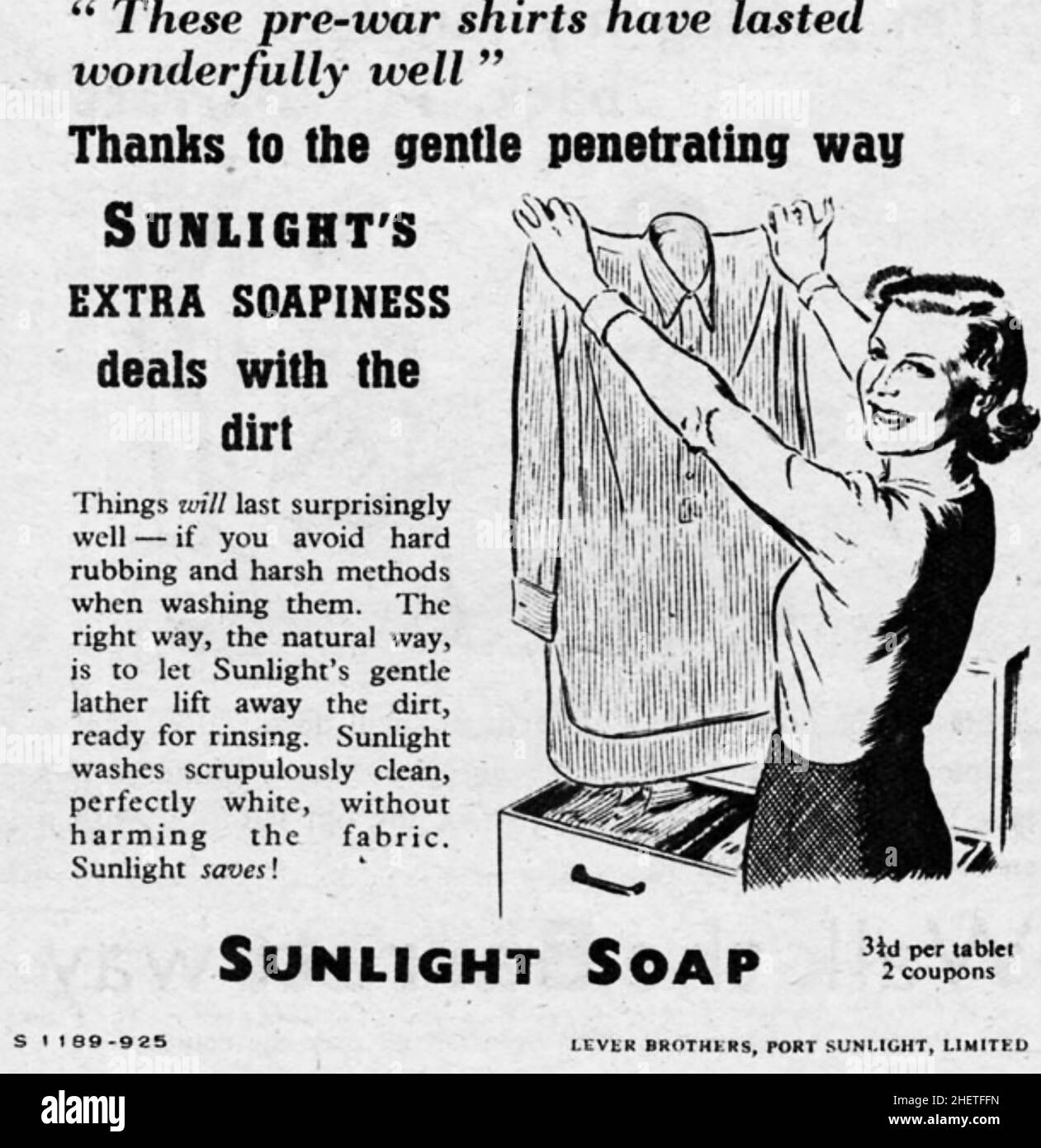 SUNLIGHT SOAP ADVERT 1946 Stock Photo