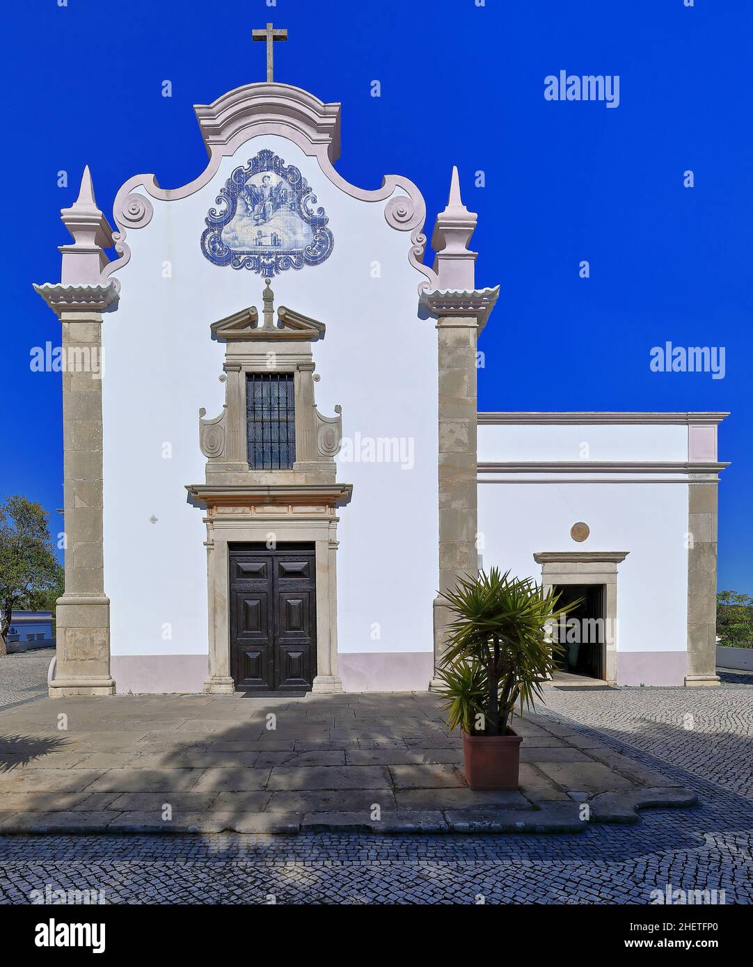 Whitewashed front façade-Main Church of Sao Lourenço-Igreja Matriz. Almancil-Algarve-Portugal-048 Stock Photo