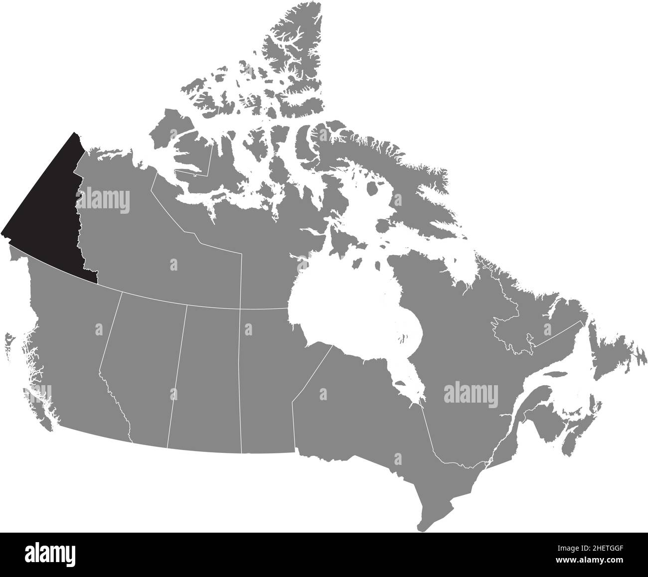 Black flat blank highlighted locator administrative map of the Canadian territory  of YUKON inside gray flat map of CANADA Stock Vector