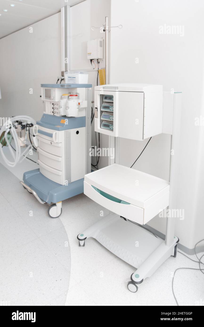 Technologically advanced equipment in CT or MRI Scan room. Modern hospital laboratory. Interior of radiography department. Magnetic resonance Stock Photo