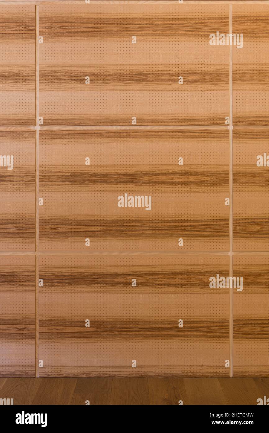 wooden acoustics  wall with gaps and dark grain Stock Photo
