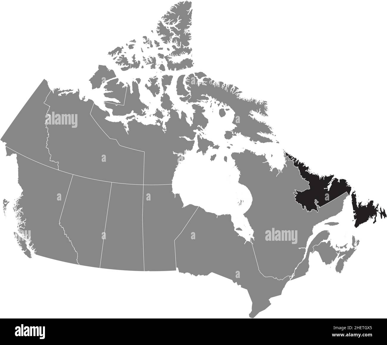 Black flat blank highlighted locator administrative map of the Canadian territory of NEWFOUNDLAND AND LABRADOR inside gray flat map of CANADA Stock Vector
