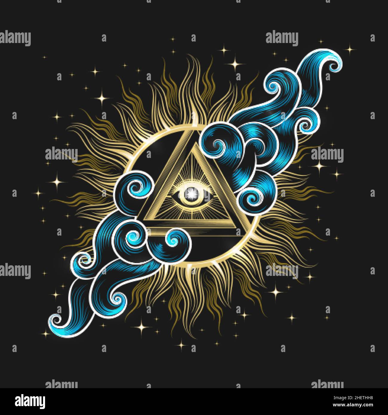 Golden Eye of Providence Inside Pyramid in a Sky and stars isolated on black. Vector illustration. Stock Vector
