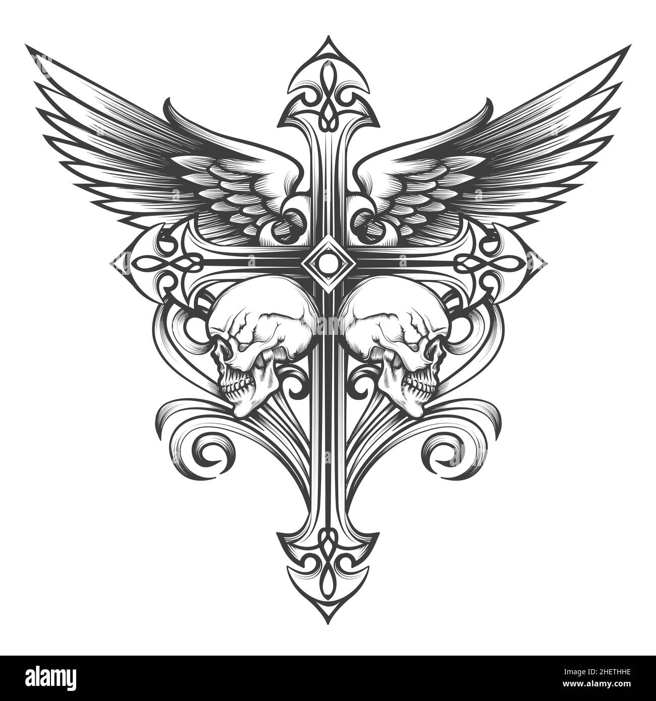 Tattoo of Cross with Wings and Skulls drawn in engraving style. Vector illustration. Stock Vector