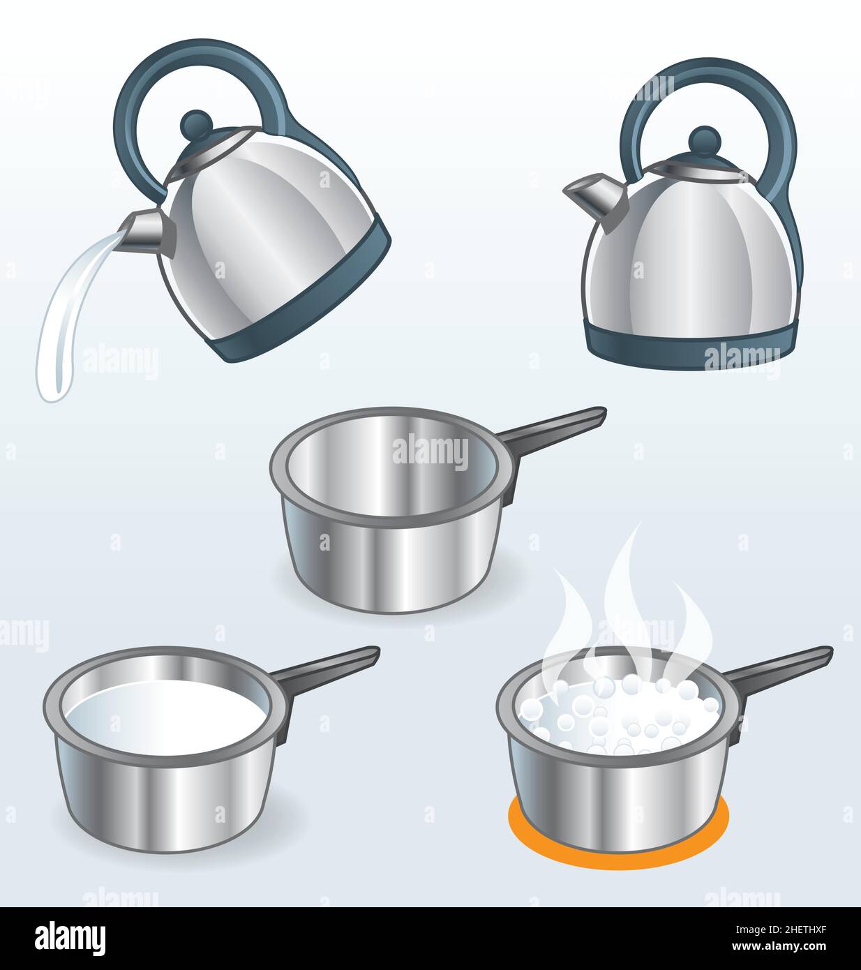 silver metal chrome stylized kitchen kettles and pots icon set pouring boiling water vector Stock Vector